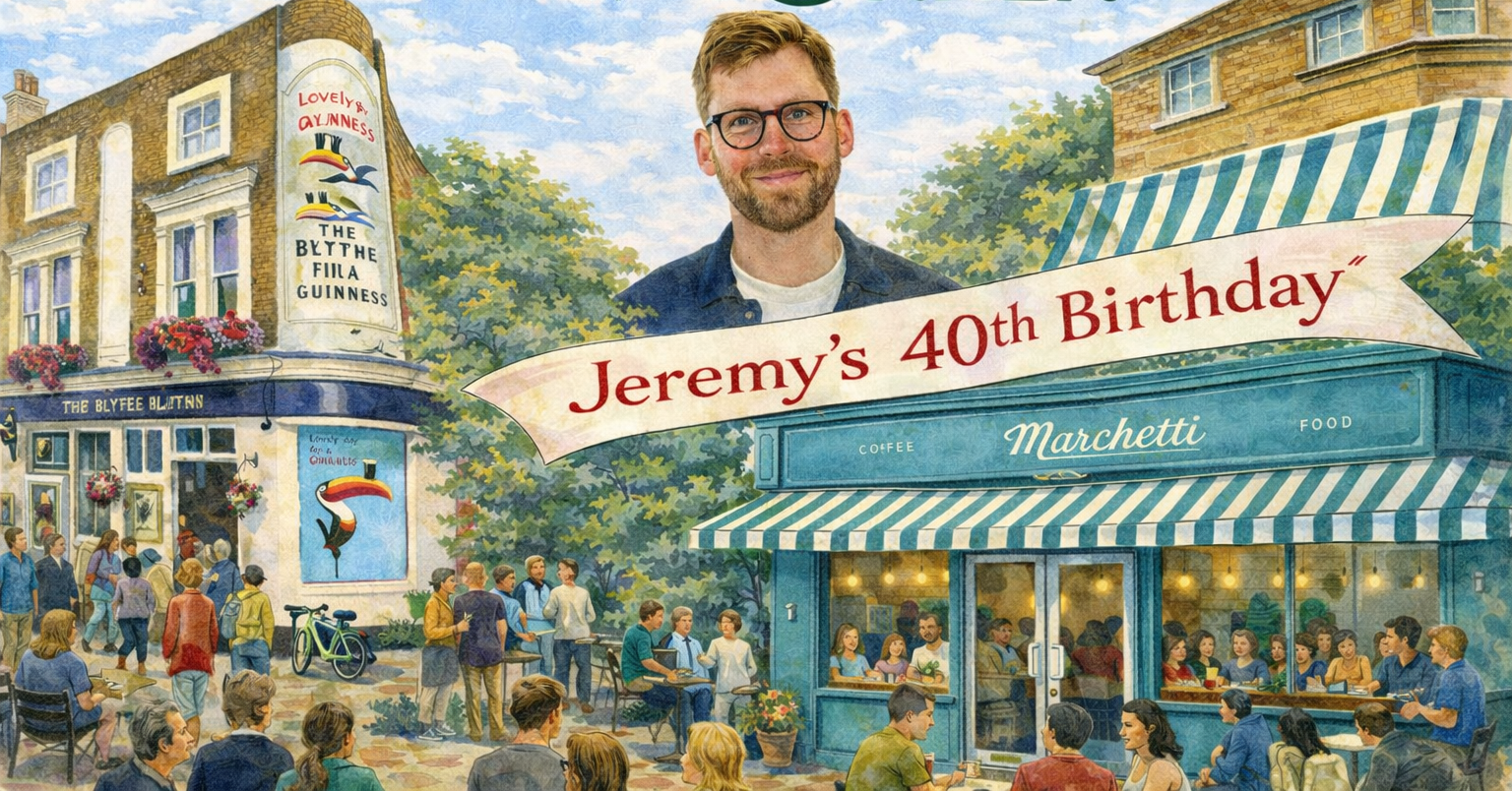 Jeremy's 40th Birthday — The New Yorker style illustration of Marchetti Cafe and Blythe Hill Tavern